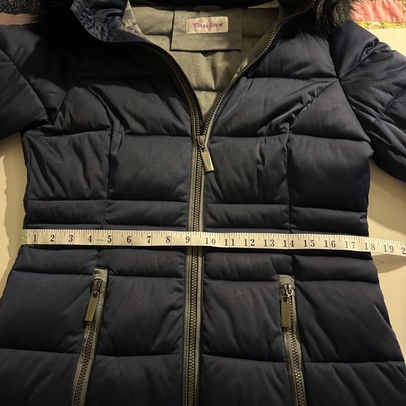 Womens TanJay Navy Puffer Coat with Faux Fur Trim, Sz S, great condition. - Picture 11 of 13
